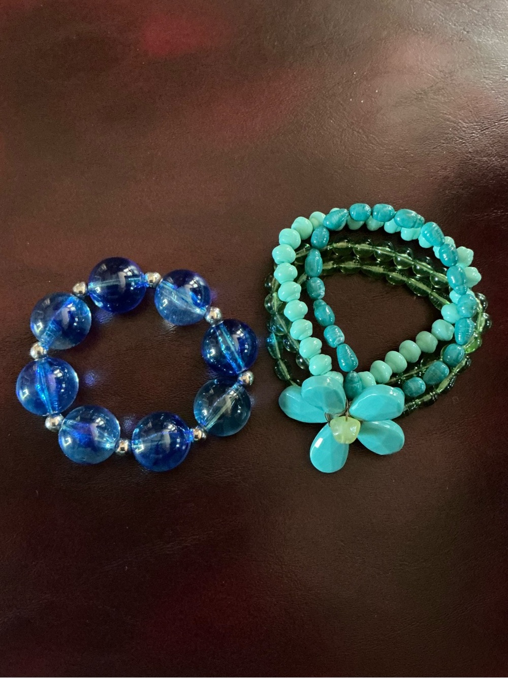 Blue Large Bead Stretch Bracelet & Turquoise Flower Stack Stretch Bracelet